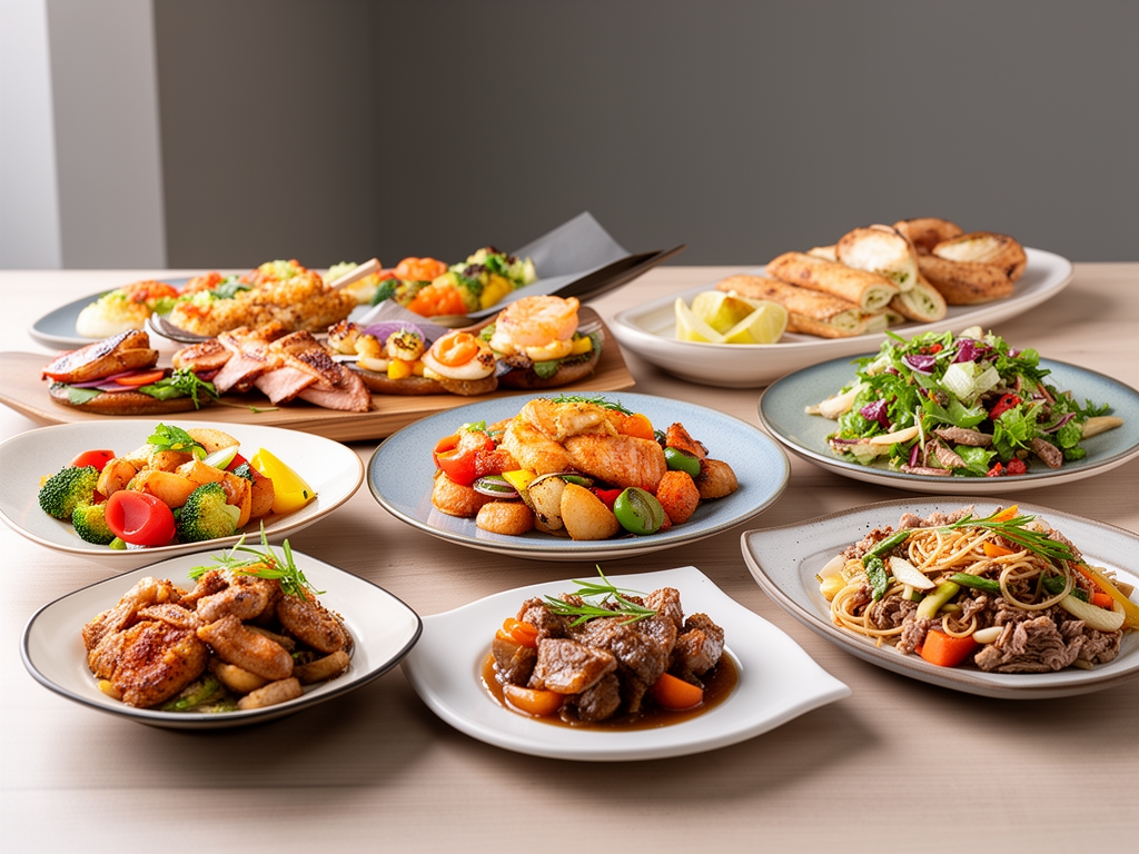 Table présentant une variété d'aliments frais et colorés : légumes verts, céréales dorées, noix et herbes aromatiques, disposition soignée sur fond de lin naturel clair